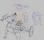  anthro antlers bulge cervid clothed clothing dialogue domestic_cat dragon duo english_text exercise felid feline felis genitals horn male mammal monochrome muscular muscular_male narija nude penis reptile scalie seven_(artist) sketch text weightlifting weights workout 