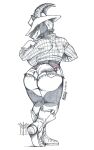  anthro beverage big_butt bottomwear bovid butt butt_pose caprine clothing country cowboy cutoffs denim denim_clothing female goat hat headgear headwear hi_res hooves horn humanoid hydros ibex mammal panties pinup pose short shorts sketch solo thehuntingwolf thong underwear western 