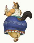  2020 anthro arabic aztec big_butt bottomwear bracelet butt canid canine canis cettus clothed clothing ear_piercing female footwear holding_object jackal jewelry looking_at_viewer looking_back looking_back_at_viewer mammal necklace obese obese_anthro obese_female overweight overweight_anthro overweight_female piercing rear_view sandals scroll simple_background skirt solo thick_thighs walking white_background wide_hips 