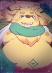  anthro belly bird_dog canid canine canis cu_sith_(tas) dhideya domestic_dog fur golden_retriever green_eyes hi_res hunting_dog lifewonders lying male mammal moobs nipples on_back overweight retriever scarf solo tokyo_afterschool_summoners video_games yellow_body yellow_fur 