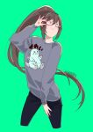  1girl breasts brown_hair closed_mouth dated glasses green_background highres long_hair ponytail saionji_reimi semi-rimless_eyewear simple_background smile solo sowasan_(sowasowa) star_ocean star_ocean_the_last_hope sweater under-rim_eyewear 