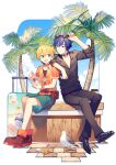  2boys bird black_footwear black_pants black_shirt blonde_hair blue_eyes blue_hair collared_shirt eyewear_on_head green_shorts kagamine_len kaito_(vocaloid) multiple_boys orange_footwear orange_shirt palm_tree pants rolling_suitcase seagull shirt short_hair short_ponytail shorts sinaooo suitcase sunglasses tree 