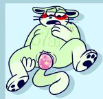  anthro barry_ill blush bodily_fluids chimeracocks domestic_cat egg felid feline felis genital_fluids genitals hi_res male mammal open_mouth oviposition pastel_colors paws pussy pussy_juice scar solo spread_legs spreading surgical_suture 