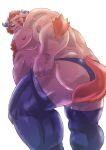  anthro belly body_hair butt chernobog chest_hair clothing demon embarrassed fur hi_res horn knee_highs kusarikakemono legwear lifewonders male musclegut nipples pecs pink_body pink_fur rear_view solo thong tokyo_afterschool_summoners underwear video_games 