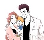  2boys 2girls black_hair black_shirt bleach blush brown_eyes brown_hair cardigan carrying child_carry choko_egg closed_eyes collarbone father_and_son grin happy highres holding husband_and_wife kurosaki_ichigo kurosaki_isshin kurosaki_kazui labcoat long_hair looking_at_another low_ponytail mother_and_son multiple_boys multiple_girls pink_cardigan pink_scrunchie scrunchie shirt short_hair smile teeth upper_body 