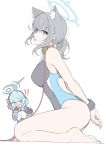  ! !! 2girls absurdres ako_(blue_archive) animal_ear_fluff animal_ears arms_behind_back bare_legs barefoot blue_archive blue_eyes blue_hair blush breasts collar cross_hair_ornament cuffs extra_ears feet grey_hair hair_ornament halo highres leash legs looking_at_another looking_at_viewer masabodo multiple_girls official_alternate_costume one-piece_swimsuit open_mouth parted_lips ponytail red_collar revision shiroko_(blue_archive) shiroko_(swimsuit)_(blue_archive) sideways_glance simple_background sitting soles swimsuit toes two-tone_swimsuit white_background 