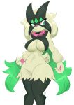  2022 4_fingers anthro better_version_at_source cape clothing digital_media_(artwork) felid female fingers flutterthrash fur generation_9_pokemon green_body green_fur green_hair hair hi_res mammal mask meowscarada naughty_face navel nintendo pink_eyes pink_nose pokemon pokemon_(species) scut_tail short_tail simple_background smile thick_thighs video_games white_background wide_hips 
