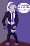  2:3 absurd_res anthro atomic_wedgie belt briefs business_suit businesswear canid canine canis clothing crossed_legs dialogue embarrassed fur grey_body grey_fur hi_res male mammal necktie office office_clothing simple_background solo suit suspenders tail_between_legs tighty_whities underwear violet3d wedgie white_briefs white_clothing white_underwear wolf 