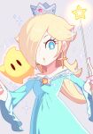  1girl :o aqua_dress bangs bare_shoulders blonde_hair blue_eyes bright_pupils collarbone crown dress earrings eyelashes frilled_sleeves frills gem grey_background hair_over_one_eye hands_up holding holding_wand hoshikuzu_pan jewelry lips long_hair long_sleeves looking_at_viewer luma_(mario) mario_(series) off-shoulder_dress off_shoulder one_eye_covered parted_bangs rosalina sidelocks simple_background solo sparkle star_(symbol) star_earrings star_wand super_mario_galaxy swept_bangs wand white_pupils wide_sleeves 