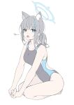  1girl absurdres animal_ear_fluff animal_ears back_cutout bangs bare_arms bare_legs barefoot black_one-piece_swimsuit blue_archive blue_eyes blush breasts clothing_cutout competition_swimsuit covered_navel cross cross_hair_ornament extra_ears fangs flat_color from_side full_body grey_hair groin hair_ornament hair_tie halo highleg highleg_swimsuit highres inverted_cross leaning_forward looking_at_viewer low_ponytail masabodo medium_breasts medium_hair mismatched_pupils nyan official_alternate_costume one-piece_swimsuit open_mouth own_hands_together ponytail revision romaji_text seiza shiroko_(blue_archive) shiroko_(swimsuit)_(blue_archive) sidelocks simple_background sitting solo swimsuit teeth thighs upper_teeth v_arms white_background 