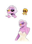  anthro breasts cleavage clothed clothing deadassspider dress emoji eyes_closed eyewear female glasses goodbye_volcano_high grey_hair hair half-closed_eyes hi_res markings mrs._roberts_(gvh) narrowed_eyes purple_body simple_background sketch sketch_page snoot_game_(fan_game) solo sunglasses video_games white_background yellow_body 