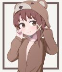  1girl animal_costume asymmetrical_hair bear_costume brown_eyes brown_hair closed_mouth commentary commission hair_ornament hairclip highres iwakura_lain looking_at_viewer nuclear_cake serial_experiments_lain short_hair simple_background single_sidelock solo x_hair_ornament 