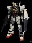  3d absurdres anaheim_electronics beam_rifle black_background blender_(medium) blue_eyes energy_gun english_commentary gundam highres looking_at_viewer machinery mecha mjeff mobile_suit no_humans realistic robot roundel rx-78-2 science_fiction shield signature solo weapon 