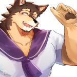  1:1 anthro blush brown_body brown_fur canid canine canis domestic_dog eyebrows fur lifewonders live-a-hero male mammal muscular muscular_anthro muscular_male pecs pubraseer purple_eyes smile solo thick_eyebrows video_games wang_yzzx 
