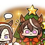  ... 2girls :3 air_groove_(umamusume) animal_ears brown_hair christmas_tree commentary fur_trim hat horse_ears horse_girl jazz_jack looking_at_viewer lowres multicolored_hair multiple_girls purple_eyes santa_costume santa_hat spoken_ellipsis symboli_rudolf_(umamusume) umamusume white_hair 