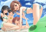  4girls :d absurdres all_fours arm_support artist_name ass bangs beach bikini black_hair blue_bikini blue_eyes blunt_bangs blush bob_cut bow breasts brown_eyes brown_hair cloud commentary double_v dutch_angle feet flower flower_wreath gekota green_bikini grin hair_bow hair_flower hair_ornament highres hime_cut inflatable_toy k3rd knees_up light_rays light_smile long_hair looking_at_viewer lying medium_breasts misaka_mikoto multiple_girls ocean on_ground on_stomach one-piece_swimsuit one_eye_closed open_mouth pink_flower purple_bikini purple_eyes red_bow sand saten_ruiko shirai_kuroko short_hair sitting sky small_breasts smile sunbeam sunlight swimsuit the_pose title toaru_kagaku_no_railgun toaru_majutsu_no_index twintails two-tone_bikini uiharu_kazari v very_long_hair white_bikini white_flower yellow_one-piece_swimsuit yokozuwari 