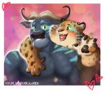  &lt;3 &lt;3_eyes 2_horns 5_fingers anthro benjamin_clawhauser blue_body blue_fur bodypaint bovid bovine brown_eyes brown_spots cape_buffalo cheetah chief_bogo claws curled_horn disney duo felid feline fingers fur gesture happy horn male mammal muscular muscular_anthro muscular_male notyoursparrow one_eye_closed open_mouth open_smile overweight overweight_anthro overweight_male pawpads sharp_teeth smile spots spotted_body spotted_fur teeth yellow_body yellow_fur zootopia 