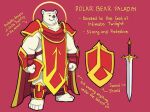  4:3 absurd_res anthro armor black_nose brown_eyes cape clothed clothing english_text eyebrows feet fist fur halo hi_res humanoid_feet humanoid_hands knee_pads male mammal melee_weapon muscular muscular_male paladin partially_clothed pauldron pink_background plate_armor polar_bear quasarbearcat red_clothing shield simple_background slightly_chubby solo standing straps sword tabard tassets text ursid ursine vambraces weapon white_body white_fur yellow_clothing 