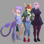  anthro bottomwear clothed clothing deadassspider dinosaur dromaeosaurid eyewear feathered_tail feathers female glasses goodbye_volcano_high grey_hair group hair half-closed_eyes hat headgear headwear hi_res male markings mature_female mrs._roberts_(gvh) multicolored_body narrowed_eyes pupils puppet purple_body purple_eyes purple_hair red_eyes red_hair reptile sage_(gvh) scalie schizo_chan_(snoot_game) simple_background size_difference skirt slit_pupils snoot_game_(fan_game) theropod thick_thighs trio two_tone_body velociraptor white_background yellow_body yellow_eyes 