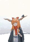  1girl absurdres bangs black_bow black_coat blush bow brown_horns closed_mouth coat commentary cowboy_shot flat_chest fn2188 hair_bow highres horn_bow horn_ornament horns ibuki_suika long_hair looking_at_viewer orange_eyes orange_hair red_bow red_scarf scarf shirt smile snow snow_on_head snowing solo touhou white_shirt 