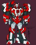  1boy alex_milne autobot blue_eyes character_name clenched_hand holster male_focus mecha no_humans official_art red_alert_(transformers) red_background robot science_fiction shoulder_cannon signature standing the_transformers_(idw) thigh_holster transformers wheel 