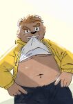  2022 anthro black_nose bottomwear brown_body clothed clothing clothing_lift fatkylefat hi_res hoodie kemono male mammal navel overweight overweight_male pants shirt shirt_lift solo topwear ursid 
