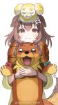  1girl :3 animal_ears bangs blush braid brown_eyes brown_hair dachsbun dog dog_ears dog_girl fidough hair_between_eyes highres hololive inugami_korone jacket long_hair looking_at_viewer low_twin_braids low_twintails mayotsunamayo pokemon pokemon_(creature) pokemon_(game) pokemon_sv trait_connection twin_braids twintails virtual_youtuber yellow_jacket 