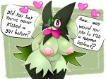 &lt;3 anthro areola belly big_breasts blush breasts cape clothing cute_eyes dialogue female genitals green_body hands_behind_back hi_res huge_breasts lhacedor looking_at_viewer meowscarada navel nintendo nipples one_eye_closed pink_areola pink_eyes pokemon pokemon_(species) puffy_nipples pussy slightly_chubby solo speech_bubble text thick_thighs video_games wide_hips 