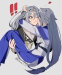  ! !! 2girls bangs black_jacket blue_jacket blue_pants carrying closed_mouth commentary cropped_torso fu_hua fu_hua_(herrscher_of_sentience) fu_hua_(valkyrie_accipiter) grey_background grey_hair hair_between_eyes heart highres honkai_(series) honkai_impact_3rd jacket kiss kissing_cheek long_hair multiple_girls one_eye_closed pants princess_carry red_eyes simple_background twitter_username uehara_suiyo upper_body very_long_hair yuri 