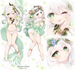  1girl :d :p ;) alternate_costume anklet armlet ass bangs bare_back bed_sheet billie_(meng_gong_fang) bracelet braid cape commentary_request dakimakura_(medium) dress full_body genshin_impact gradient_hair green_dress green_eyes hair_between_eyes hair_ornament head_wreath heart heart_hands jewelry long_hair looking_at_viewer lying multicolored_hair nahida_(genshin_impact) navel on_back on_stomach one_eye_closed panties pointy_ears sidelocks simple_background single_braid sleeveless smile solo stomach symbol-shaped_pupils tongue tongue_out underwear white_dress white_hair white_panties zoom_layer 