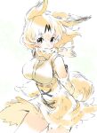  1girl arms_behind_back bow bowtie breasts extra_ears gloves hakoneko_(marisa19899200) high-waist_skirt highres kemono_friends large_breasts locked_arms looking_at_viewer print_bow print_bowtie print_gloves print_skirt serval_(kemono_friends) serval_print skirt smile solo striped_tail tail two-tone_bowtie white_bow white_bowtie 
