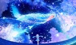  1girl animal bubble cloud cloudy_sky fish floating flying_fish flying_whale grey_hair highres long_sleeves makoron117117 night night_sky original ribbon scenery short_hair skirt sky space star_(sky) starry_sky water whale 