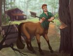  absurd_res axe black_tail building cabin centaur clothed clothing detailed_background dirt equid equid_taur forest grass green_clothing green_shirt green_topwear hi_res hooves house humanoid humanoid_taur log lumberjack male mammal mammal_taur melee_weapon plant rope shirt solo taur thaddeus_slater thestory topwear tree weapon wood 