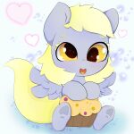  1:1 absurd_res blonde_hair chibi derp_eyes derpy_hooves_(mlp) detailed_background equid equine feathered_wings feathers female feral food friendship_is_magic grey_body grey_feathers hair happy hasbro hi_res hooves mammal muffin my_little_pony pegasus sitting smile wings yellow_eyes yellow_tail zokkili 