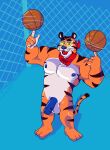  3_toes 5_fingers anthro ball balls bandanna bandanna_only barefoot basketball_(ball) biceps black_eyes black_stripes blue_nipples blue_nose blue_penis bulge clothed clothing countershading erection feet felid fence fingers frosted_flakes fur genitals half-closed_eyes hi_res high-angle_view kellogg&#039;s kerchief kerchief_only looking_at_viewer male mammal markings mascot mostly_nude multicolored_body muscular muscular_male narrowed_eyes nipples nude open_mouth orange_body orange_fur pantherine pecs penis shadow simple_background smile solo soupspicyy standing striped_body striped_fur stripes text_on_bandanna tiger toes tony_the_tiger topless whiskers yellow_sclera 