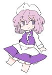  1girl blush closed_mouth full_body grey_eyes hair_between_eyes hat ini_(inunabe00) letty_whiterock light_purple_hair long_sleeves purple_skirt purple_vest short_hair simple_background sketch skirt smile solo touhou vest white_background white_headwear 