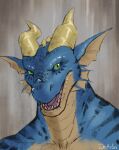  anthro blizzard_entertainment blue_body digital_media_(artwork) dracthyr dragon draslan green_eyes hi_res looking_at_viewer male open_mouth scalie simple_background sketch solo video_games warcraft western_dragon 
