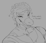  anthro brokenmojo clothing dinosaur dromaeosaurid english_text eyebrows fangs goodbye_volcano_high hair headshot_portrait looking_at_viewer male monochrome muscular muscular_anthro muscular_male open_mouth portrait raised_eyebrow reed_(gvh) reptile scalie shirt short_hair sketch smile snoot_game_(fan_game) solo sparkles striped_body stripes tank_top teeth text theropod tongue topwear velociraptor 