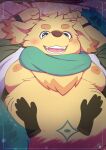  anthro belly belly_rub bird_dog canid canine canis cu_sith_(tas) dhideya disembodied_hand domestic_dog duo fur golden_retriever green_eyes hi_res hunting_dog lifewonders lying male mammal moobs nipples on_back overweight retriever scarf tokyo_afterschool_summoners video_games yellow_body yellow_fur 