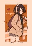  aged_down amagami artist_name backpack bag bangs black_bow black_bowtie black_jacket blush bow bowtie brown_eyes brown_hair brown_jacket can commentary copyright_name cowboy_shot cropped_legs drink drinking_straw falling_leaves from_side grey_skirt guard_rail hand_in_pocket headphones highres holding holding_can holding_drink jacket kibito_high_school_uniform leaf looking_at_viewer looking_to_the_side maple_leaf orange_background outside_border panda parted_lips pleated_skirt rabbit rabiyamarabi romaji_text school_uniform short_hair skirt stuffed_animal stuffed_toy takahashi_maya teddy_bear texture walking 