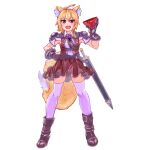  1girl ahoge animal_ears armor armpit_cutout armpits asymmetrical_hair bangs black_footwear black_gloves blonde_hair blush boots bowl breasts brown_dress clothing_cutout collared_shirt commentary_request cookie_(touhou) dress fox_ears fox_girl fox_tail full_body gloves hair_between_eyes looking_at_viewer medium_hair miramikaru_riran open_mouth pauldrons psychic_parrot red_eyes rice_bowl scabbard sheath shirt short_dress short_sleeves shoulder_armor sidelocks simple_background small_breasts smile solo standing sword tail thighhighs transparent_background weapon white_shirt white_thighhighs zettai_ryouiki 