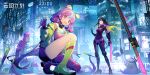  2girls absurdres artist_request asymmetrical_legwear black_hair bodysuit bow cityscape claw_(weapon) commentary_request copyright_name creature full_body girls&#039;_frontline girls&#039;_frontline_neural_cloud hair_bow highres jacket knee_pads kneeling long_hair looking_at_viewer multicolored_hair multiple_girls nascita_(girls&#039;_frontline_nc) official_art open_mouth pink_eyes pink_hair puzzle_(girls&#039;_frontline_nc) smile standing star-shaped_pupils star_(symbol) symbol-shaped_pupils tentacles weapon 