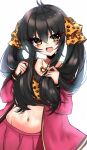  1girl :d animal_print bangs black_hair blush brown_camisole brown_eyes brown_ribbon camisole crop_top groin hair_between_eyes hair_ribbon highres holding holding_hair idolmaster idolmaster_cinderella_girls jacket leopard_print long_hair long_sleeves matoba_risa midriff navel off-shoulder_jacket off_shoulder pennant pink_jacket pink_skirt pleated_skirt print_camisole print_ribbon ribbon ricroot simple_background skirt smile solo string_of_flags twintails very_long_hair white_background 