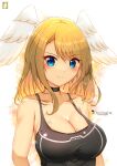  1girl arms_at_sides artist_name bangs bare_shoulders belt_collar black_shirt blue_eyes blush breasts brown_hair camisole chinchongcha cleavage closed_mouth collar collarbone eunie_(xenoblade) floral_background hair_between_eyes head_wings highres large_breasts long_hair looking_at_viewer shirt sidelocks simple_background smile solo swept_bangs tattoo upper_body xenoblade_chronicles_(series) xenoblade_chronicles_3 