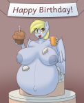  5_fingers anthro anthrofied areola belly beverage big_belly big_breasts big_nipples birthday blonde_hair breasts bumpywish cake derpy_hooves_(mlp) dessert digital_media_(artwork) equid equine eyelashes feathered_wings feathers female fingers fire food friendship_is_magic grey_areola grey_body grey_feathers grey_nipples hair hasbro hi_res huge_breasts hyper hyper_belly hyper_pregnancy mammal muffin my_little_pony nipples open_mouth open_smile orange_juice pegasus pregnant smile wings yellow_eyes 