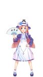 1girl :d akikawa_yayoi_(umamusume) animal_on_head blue_eyes brown_hair cat cat_on_head crop_top dress folding_fan full_body hand_fan hat highres holding holding_fan jacket looking_at_viewer mary_janes multicolored_hair official_art on_head purple_footwear purple_jacket shoes smile solo sun_hat transparent_background two-tone_hair umamusume white_dress white_hair white_headwear 