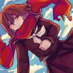  1girl :| artist_name bangs black_sailor_collar black_serafuku black_skirt blue_sky brown_eyes brown_hair clenched_hand closed_mouth cloud enpera floating_scarf gradient_eyes gradient_hair hair_between_eyes hair_ornament hairpin hand_on_own_stomach highres hiroo kagerou_project long_sleeves looking_to_the_side mekakucity_actors multicolored_eyes multicolored_hair multiple_hairpins neckerchief pleated_skirt red_eyes red_scarf sailor_collar scarf school_uniform serafuku sketch skirt sky sky_background tateyama_ayano twitter_username white_neckerchief 