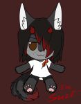  anthro black_hair broken_horn brown_eyes canid canine canis clothed clothing collar crybitur doll felid fumo_(doll) fur grey_body grey_fur hair hi_res horn hybrid looking_at_viewer male mammal red_eyes red_hair red_horn simple_background smile solo suwyzid touhou video_games white_body white_fur wolf 