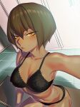  1girl abs absurdres bench blush bra breasts brown_hair closed_mouth collarbone dark_skin frown hair_between_eyes highres locker locker_room looking_at_viewer navel original rakuga_kiya selfie sitting solo sweat sweatdrop tan underwear 