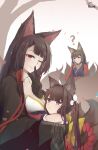  1girl 3girls ? absurdres akagi-chan_(azur_lane) akagi_(azur_lane) amagi_(azur_lane) animal_ears azur_lane bell black_gloves black_kimono breasts brown_hair brown_tail coat detached_sleeves finger_to_mouth fox_ears fox_girl fox_tail from_side gloves graffiti hair_bell hair_ornament highres japanese_clothes kimono kitsune kyuubi long_hair looking_at_viewer medium_breasts multiple_girls multiple_tails one_eye_closed po-ou._frame purple_kimono red_coat red_eyes simple_background tail upper_body 